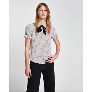 Zara Flamingo Print Polka Dot Ruffle Tie Neck Blouse Size Small